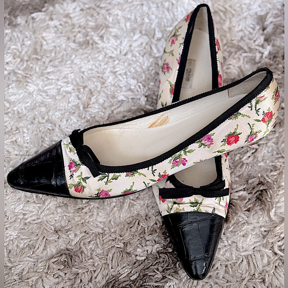 Prada Floral Black and Cream Flats